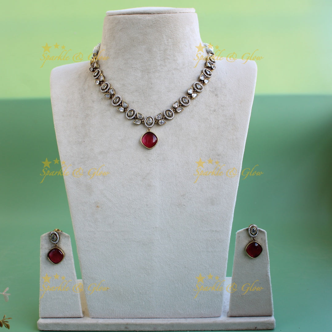 Beautiful Leaflet design victorian AD short necklace with red stone