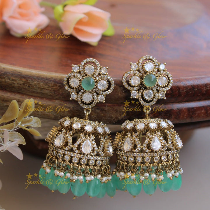 Moissanite Victorian finish Stunning flower design victorian jhumukas with mint green beads - Sparkle and Glow - Mintgreen - 
