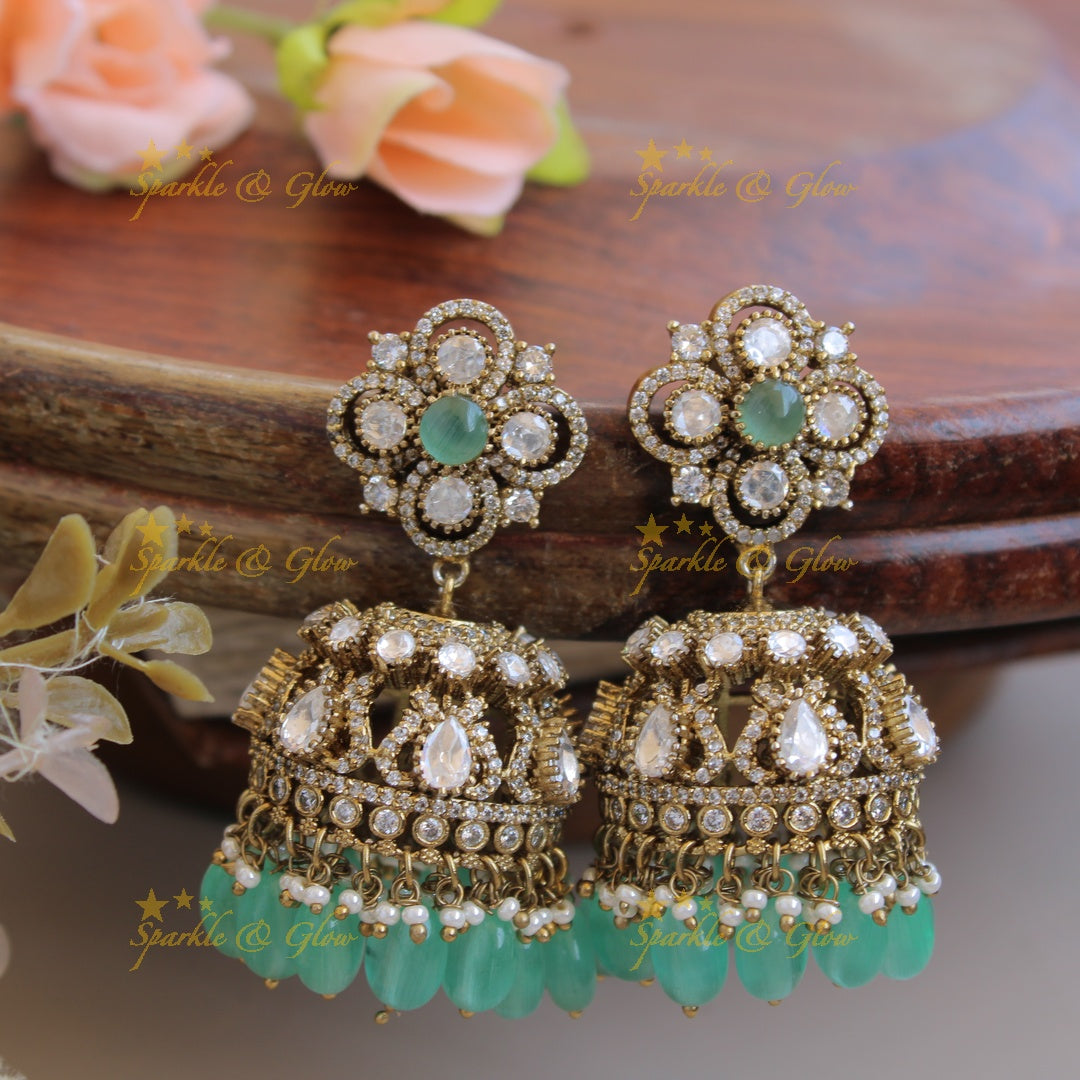 Moissanite Victorian finish Stunning flower design victorian jhumukas with mint green beads