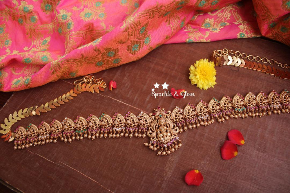 Premium quality antique polished peacock carved Lakshmi hip chain with kemp stones - Kemp Green - Sparkle and Glow
