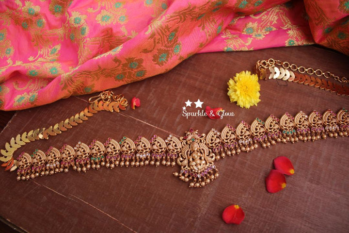 Premium quality antique polished peacock carved Lakshmi hip chain with kemp stones -Multi