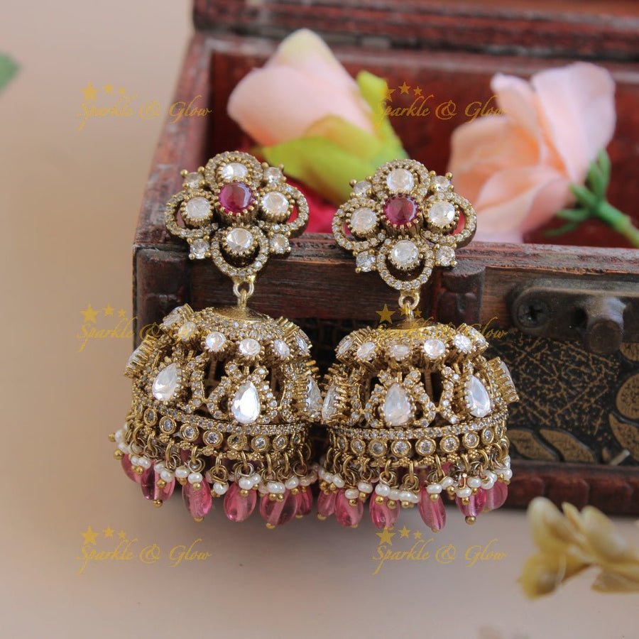 Moissanite Victorian finish Stunning flower design victorian jhumukas with mint green beads - Sparkle and Glow - Pink - 