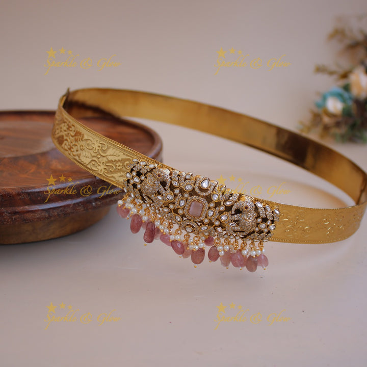 Stunnig Elephant carved gold finish pendant style victorian ad hipbelt with peach colour beads and stones