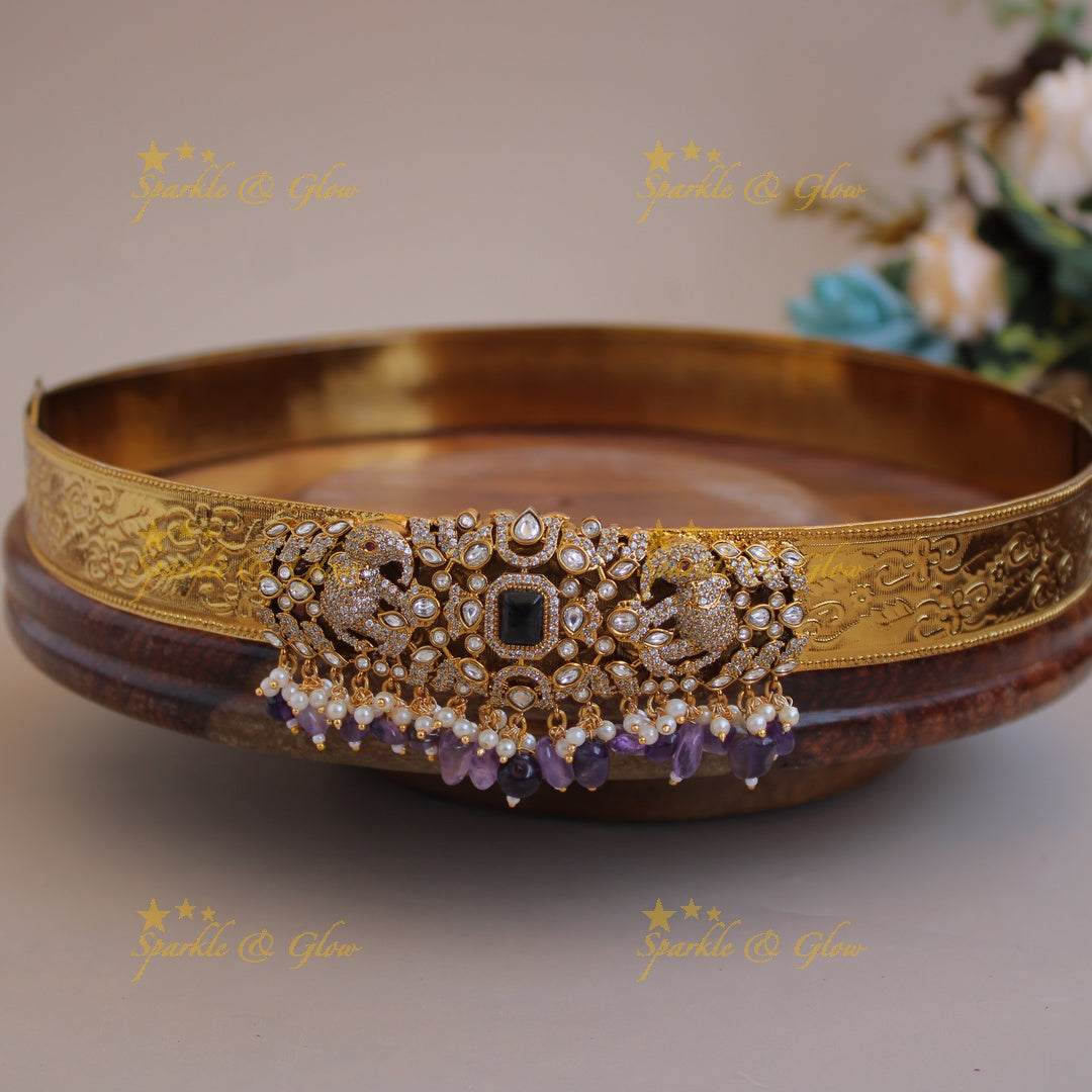 Stunnig Elephant carved gold finish pendant style victorian ad hipbelt with peach colour beads and stones