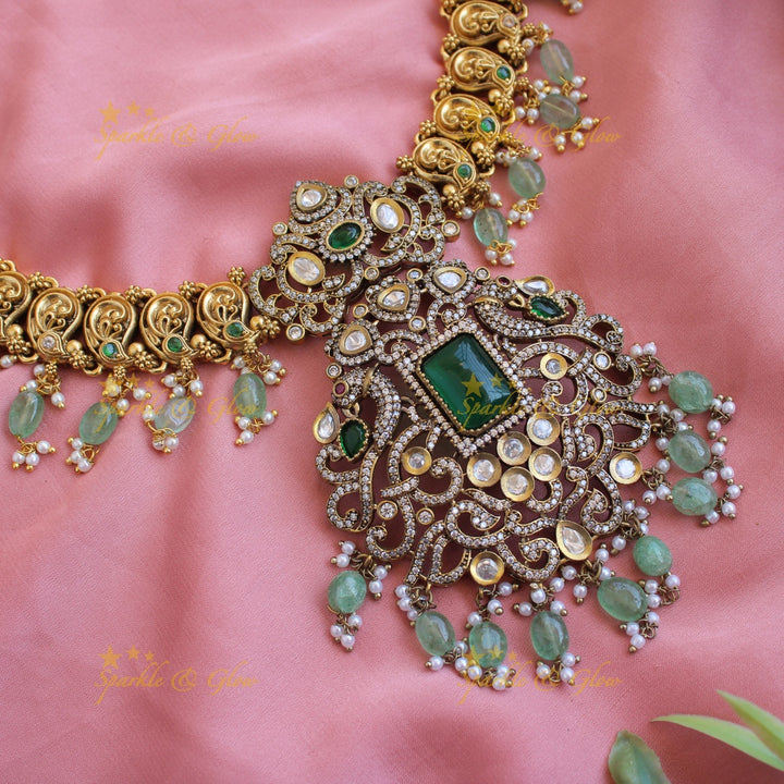Gorgeous Peacock mango design dual tone Victorian AD long necklace with emerald and mint green beads