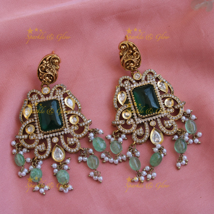 Gorgeous Peacock mango design dual tone Victorian AD long necklace with emerald and mint green beads