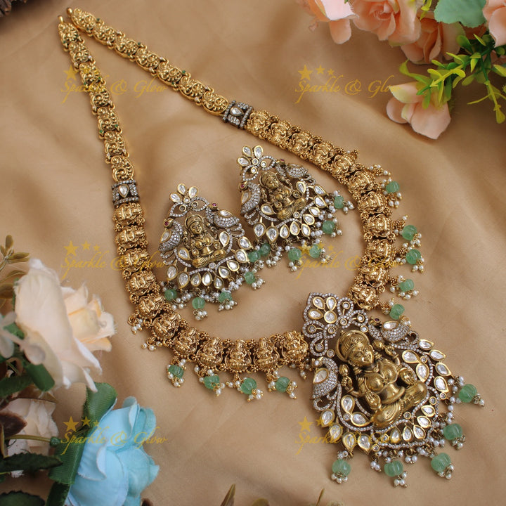 Exclusive Lakshmi Peacock flower carved dual tone Victorian AD long necklace with mint green beads