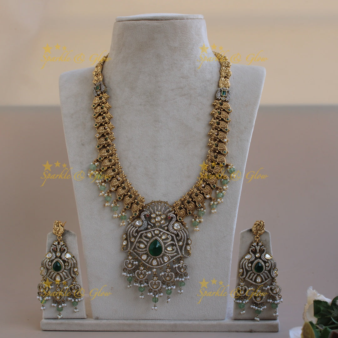 Statement Peacock design dual tone Victorian AD long necklace with emerald and mint green beads