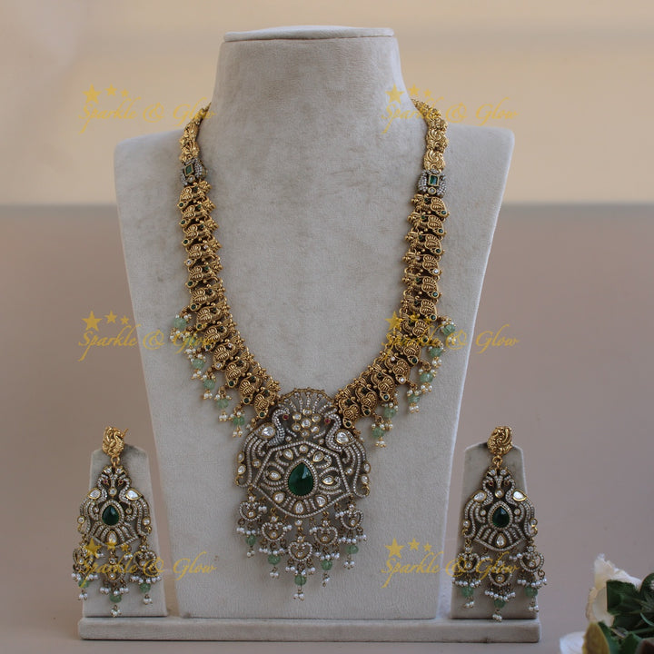 Statement Peacock design dual tone Victorian AD long necklace with emerald and mint green beads