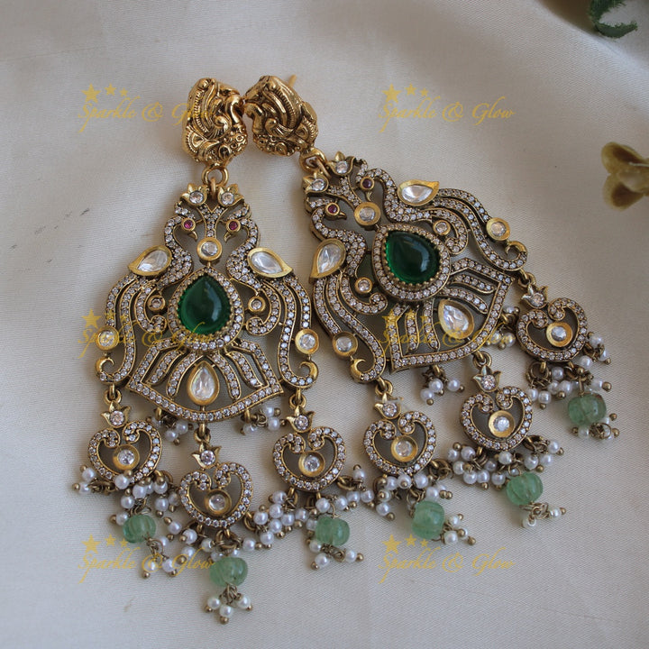 Statement Peacock design dual tone Victorian AD long necklace with emerald and mint green beads