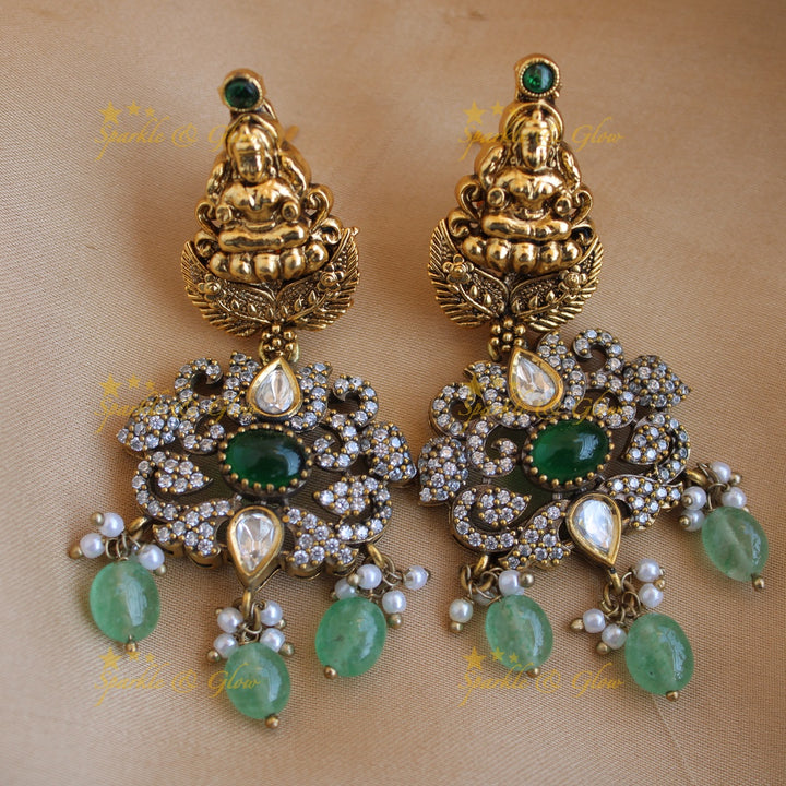 Exquisite Lakshmi Peacock mango design two layer dual tone Victorian AD long necklace with mint green beads