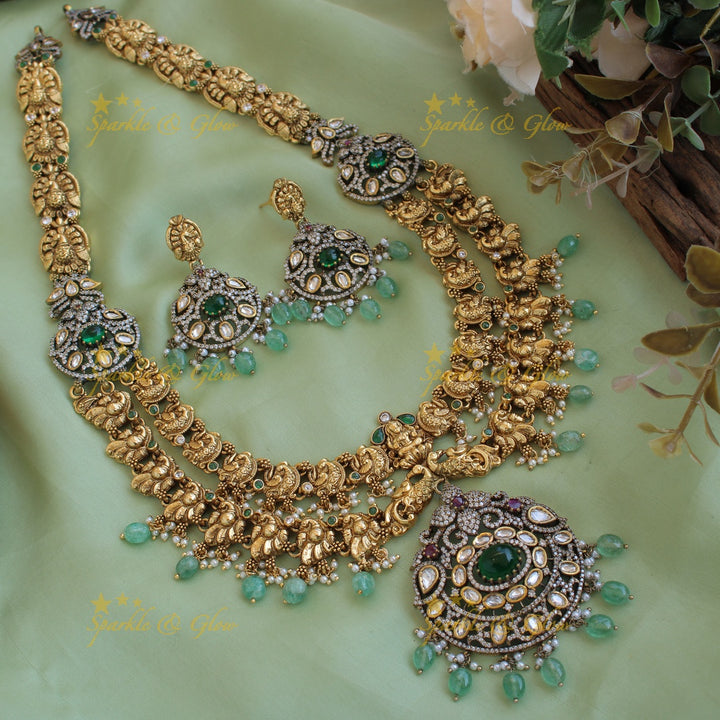 Gorgeous Lakshmi Peacock carved two layer dual tone Victorian AD long necklace with mint green beads