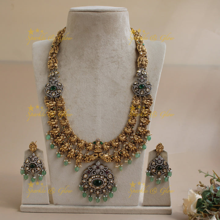 Gorgeous Lakshmi Peacock carved two layer dual tone Victorian AD long necklace with mint green beads