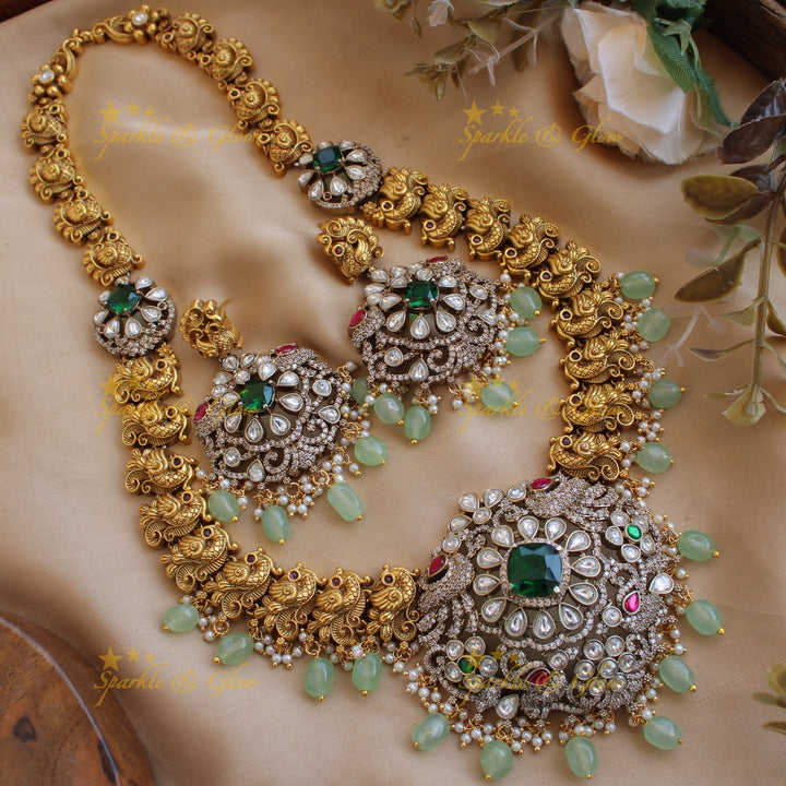 Exclusive Peacock floral design dual tone Victorian AD long necklace with mint green beads and red stones