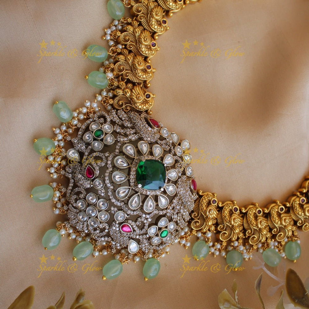 Exclusive Peacock floral design dual tone Victorian AD long necklace with mint green beads and green stones - Sparkle and Glow - Back Thread - 