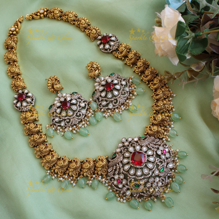 Exclusive Peacock floral design dual tone Victorian AD long necklace with mint green beads and red stones