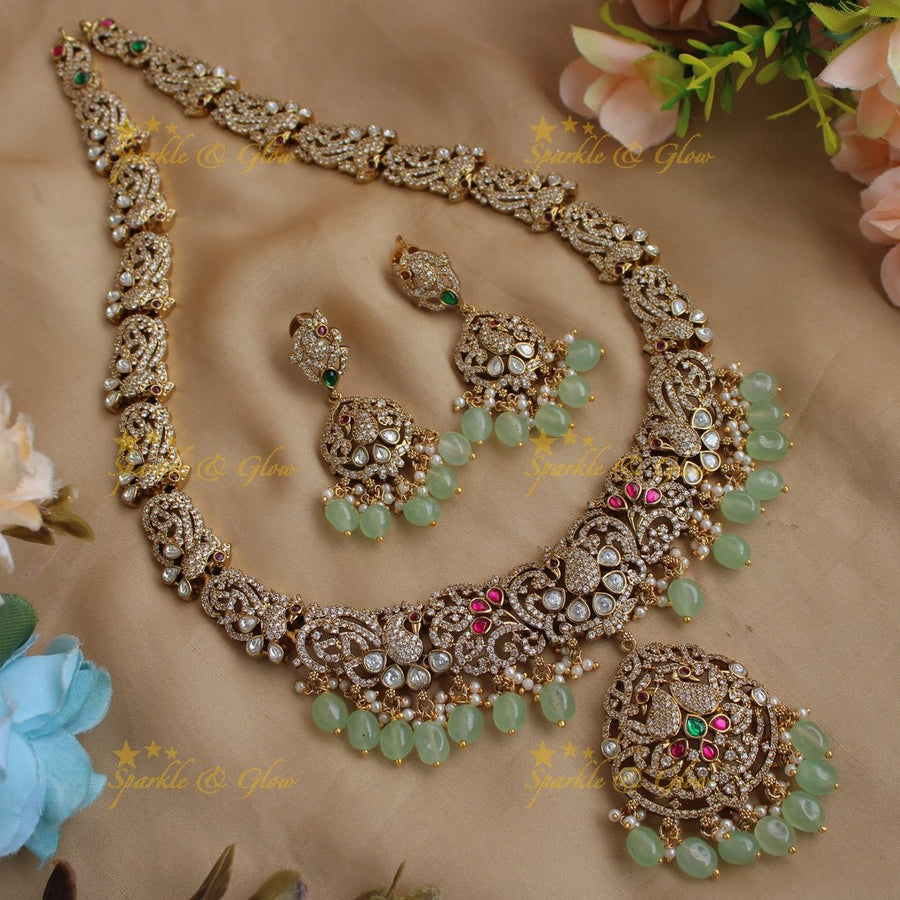Gorgeous Peacock floral design Victorian AD long necklace with mint green beads - Sparkle and Glow - Back Thread - 