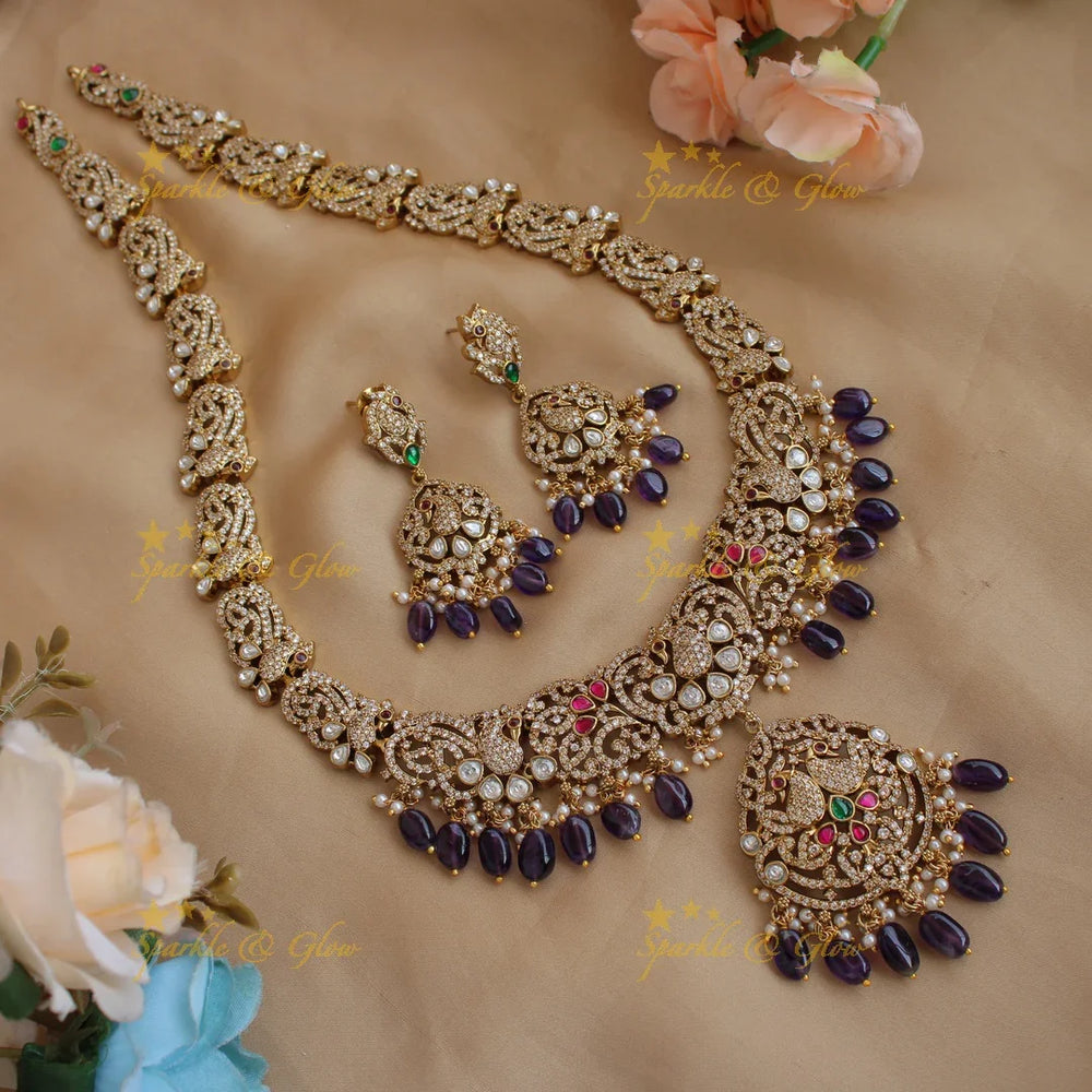 Gorgeous Peacock floral design Victorian AD long necklace with purple beads - Sparkle and Glow