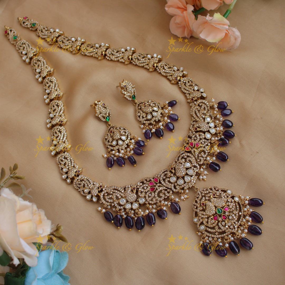 Gorgeous Peacock floral design Victorian AD long necklace with purple beads