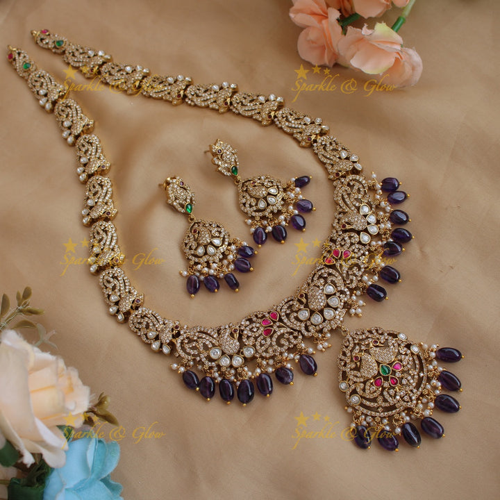 Gorgeous Peacock floral design Victorian AD long necklace with purple beads