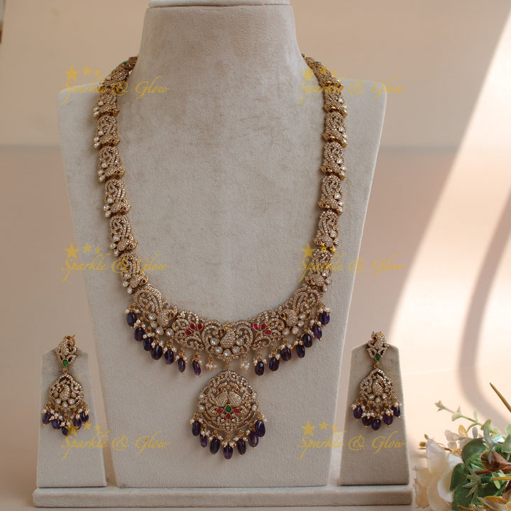 Gorgeous Peacock floral design Victorian AD long necklace with purple beads