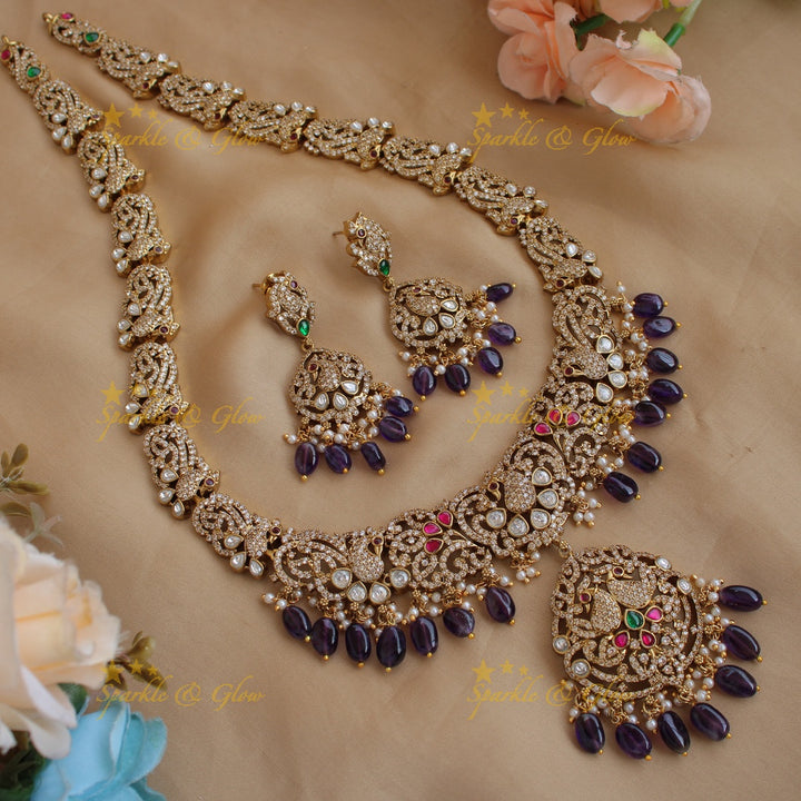 Gorgeous Peacock floral design Victorian AD long necklace with purple beads