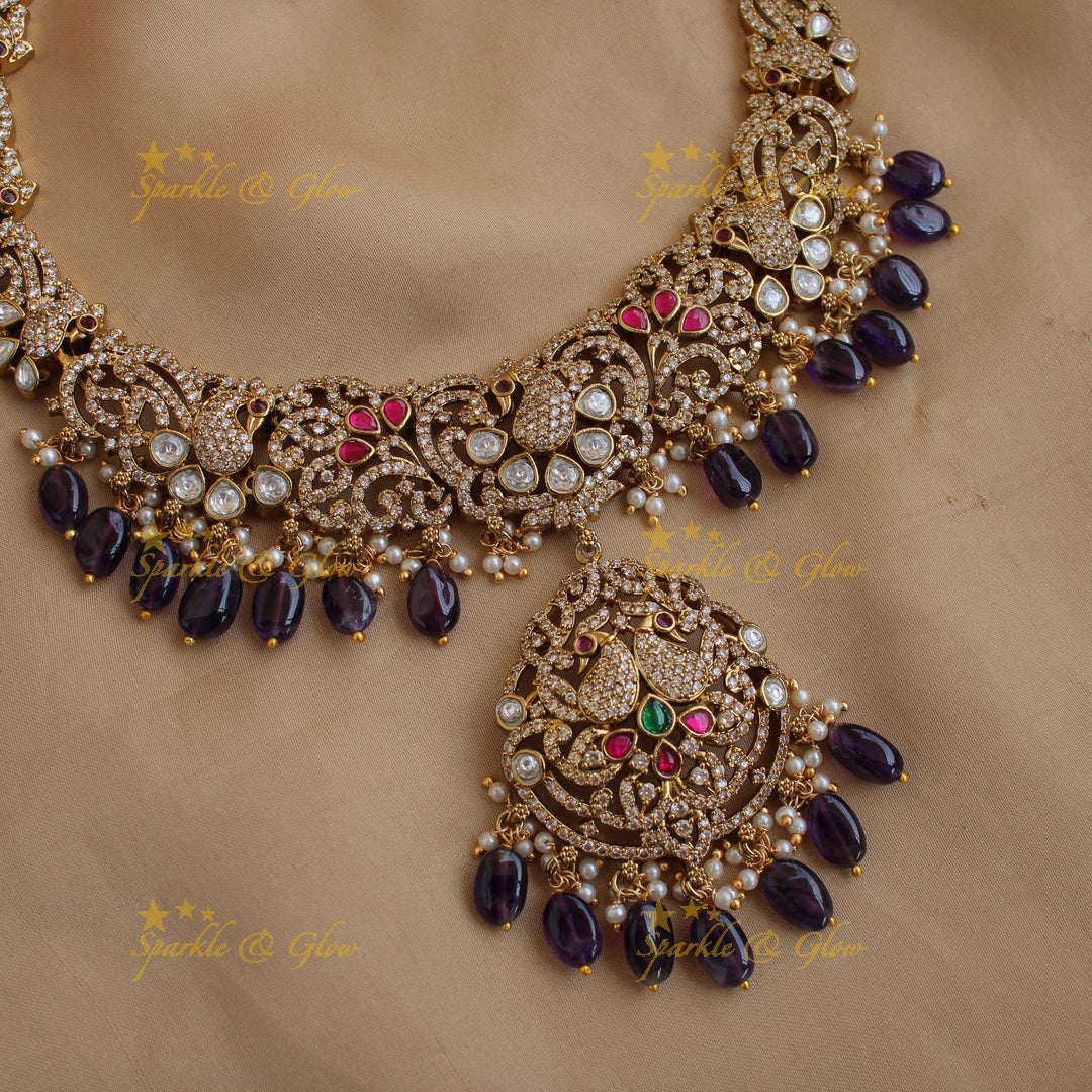 Gorgeous Peacock floral design Victorian AD long necklace with purple beads