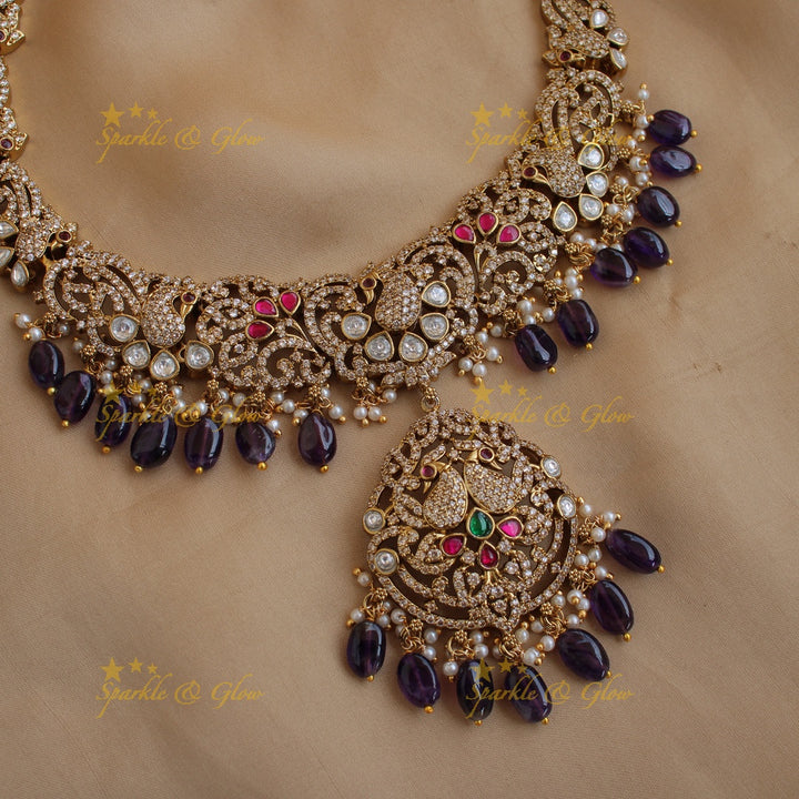 Gorgeous Peacock floral design Victorian AD long necklace with purple beads