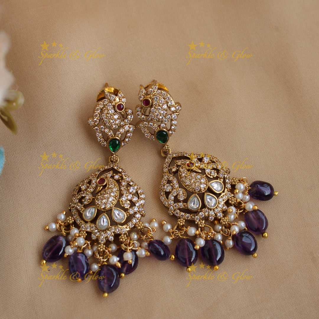 Gorgeous Peacock floral design Victorian AD long necklace with purple beads