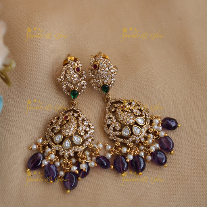 Gorgeous Peacock floral design Victorian AD long necklace with purple beads