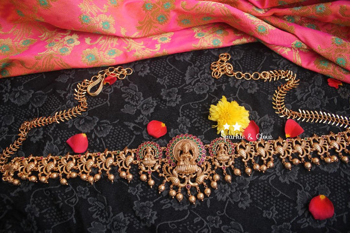 Premium quality antique polished peacock carved Lakshmi hip chain with kemp stones -Multi