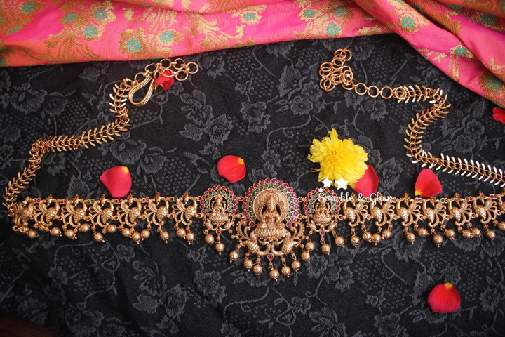 Premium quality antique polished peacock carved Lakshmi hip chain with kemp stones -Multi
