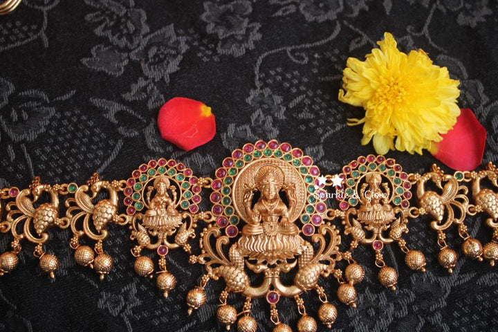 Premium quality antique polished peacock carved Lakshmi hip chain with kemp stones -Multi