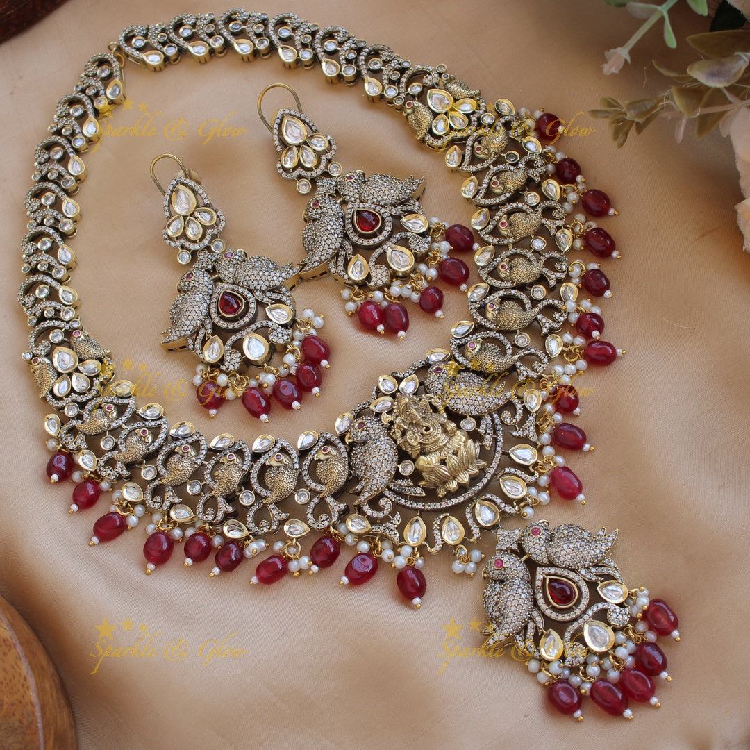 Grand intricate Ganesha parrot design Victorian AD long necklace with mint green beads