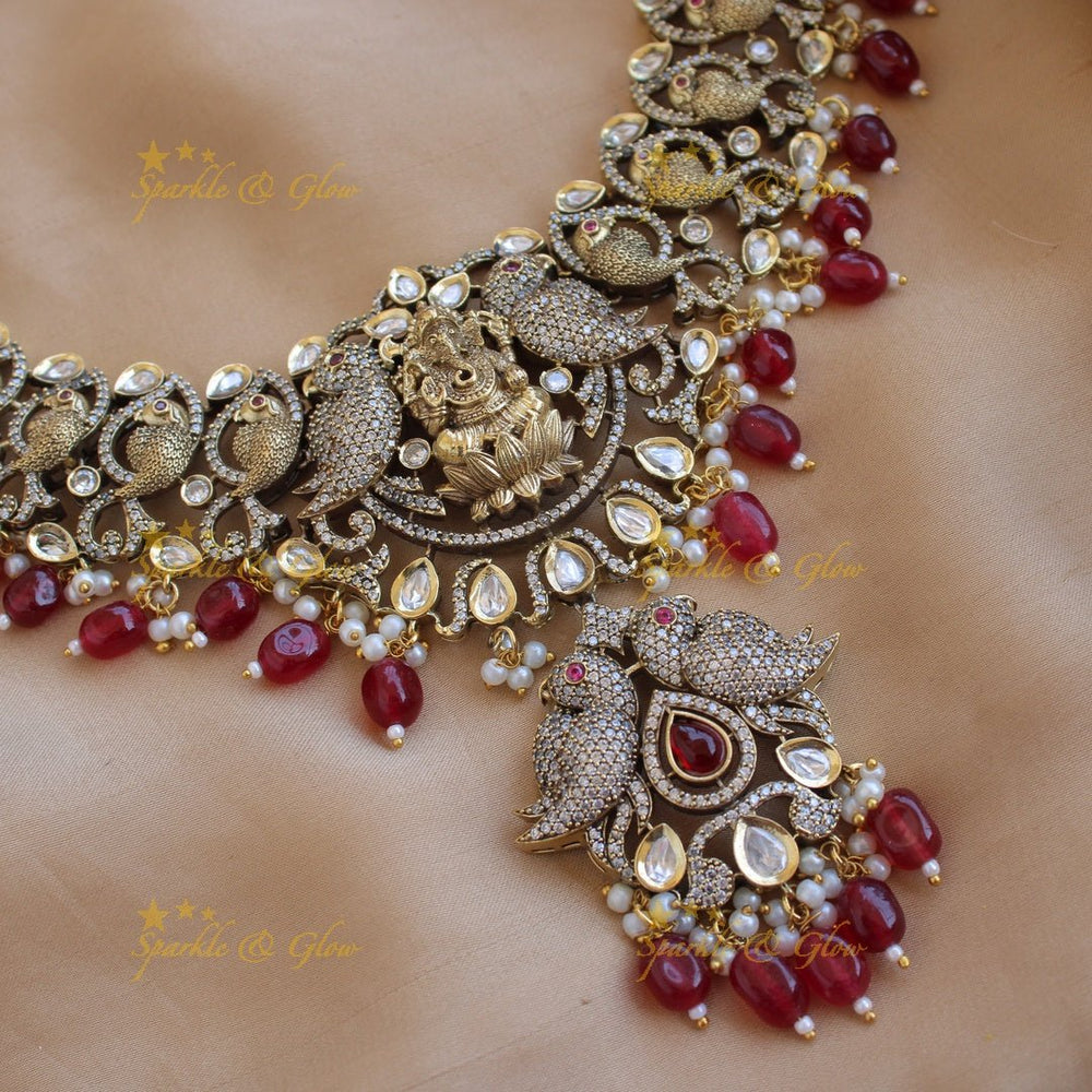 Grand intricate Ganesha parrot design Victorian AD long necklace with maroon beads - Sparkle and Glow - Back Thread - 
