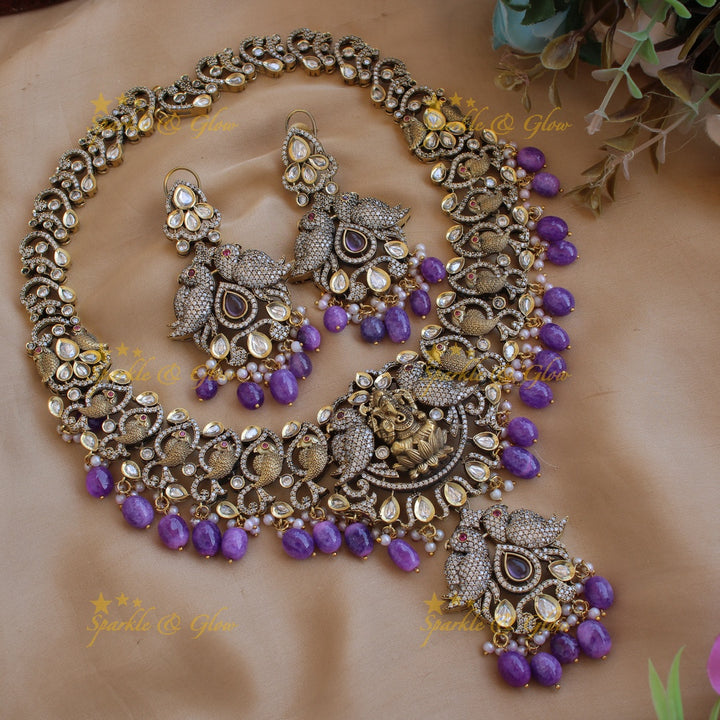 Grand intricate Ganesha parrot design Victorian AD long necklace with mint green beads