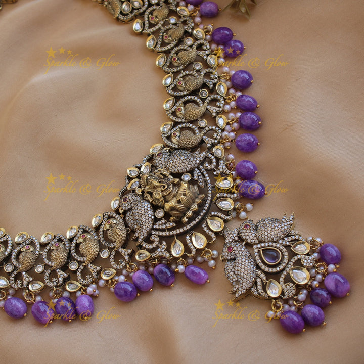 Grand intricate Ganesha parrot design Victorian AD long necklace with purple beads