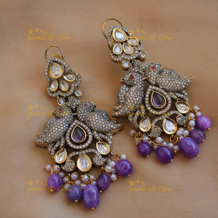 Grand intricate Ganesha parrot design Victorian AD long necklace with purple beads