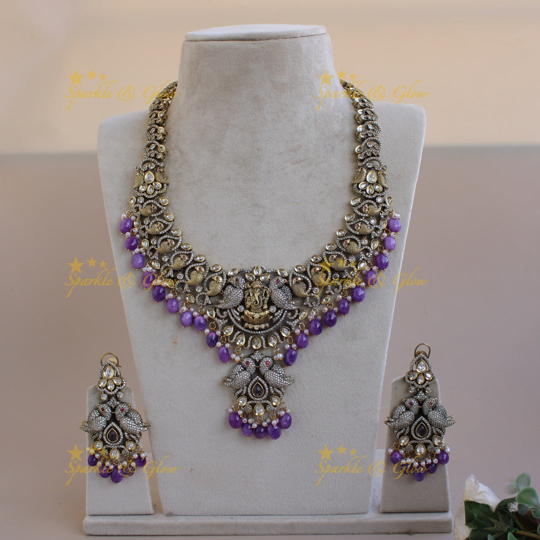 Grand intricate Ganesha parrot design Victorian AD long necklace with purple beads