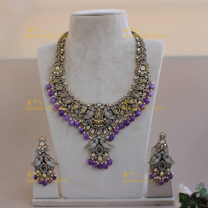 Grand intricate Ganesha parrot design Victorian AD long necklace with purple beads