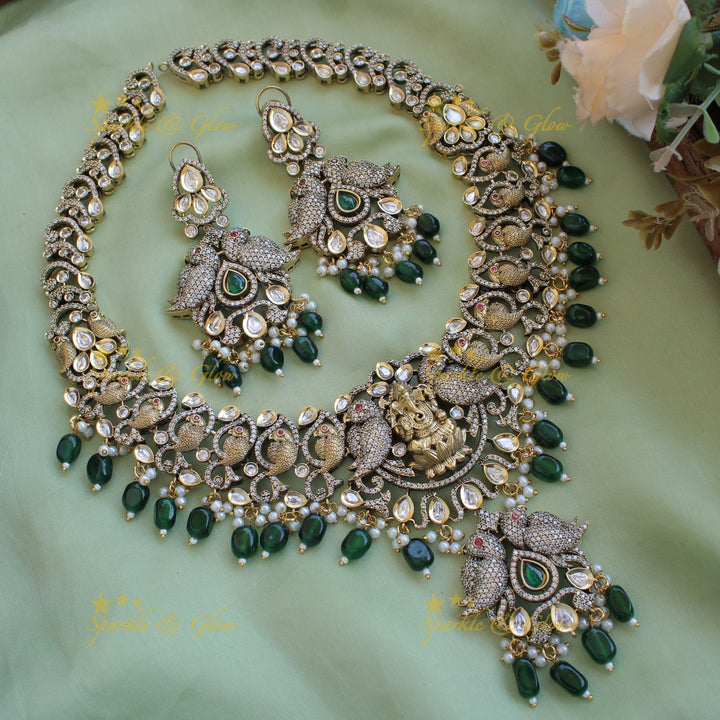 Grand intricate Ganesha parrot design Victorian AD long necklace with mint green beads