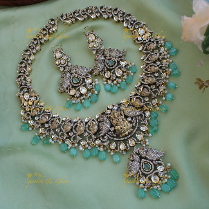 Grand intricate Ganesha parrot design Victorian AD long necklace with mint green beads