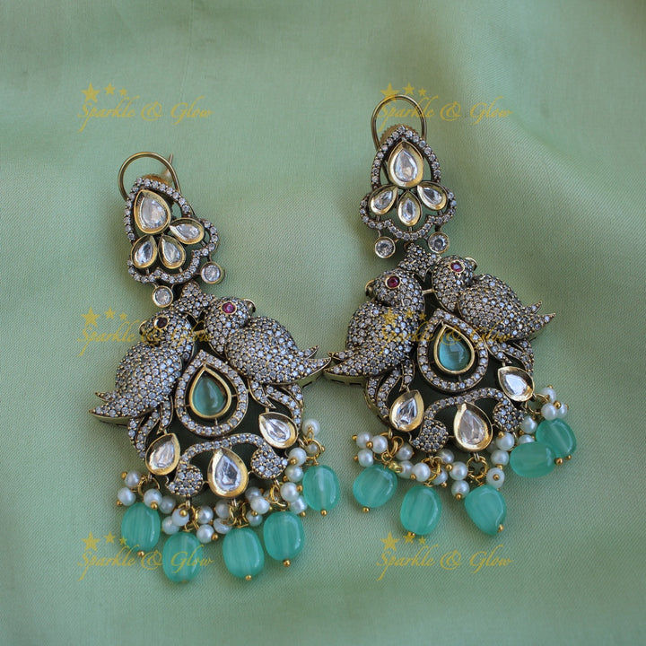 Grand intricate Ganesha parrot design Victorian AD long necklace with mint green beads
