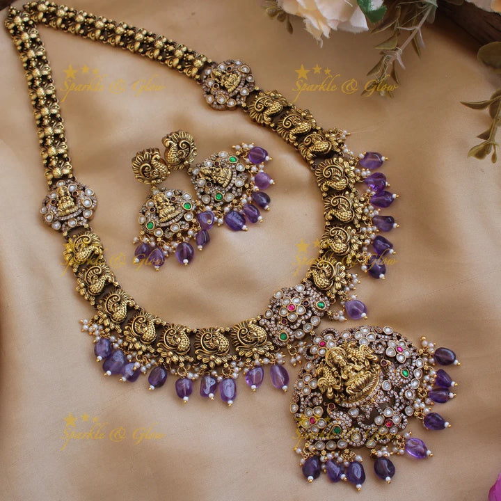 Statement Lakshmi peacock carved floral Victorian AD long necklace with green beads - Sparkle and Glow