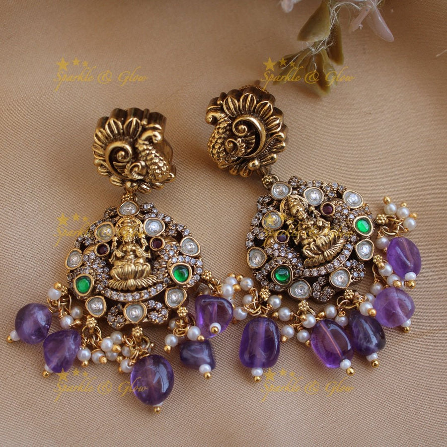 Statement Lakshmi peacock carved floral Victorian AD long necklace with purple beads - Sparkle and Glow - Back Thread - 