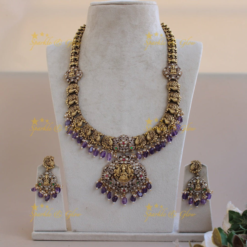 Statement Lakshmi peacock carved floral Victorian AD long necklace with purple beads - Sparkle and Glow - Back Thread - 