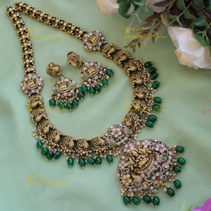 Statement Lakshmi peacock carved floral Victorian AD long necklace with green beads - Sparkle and Glow