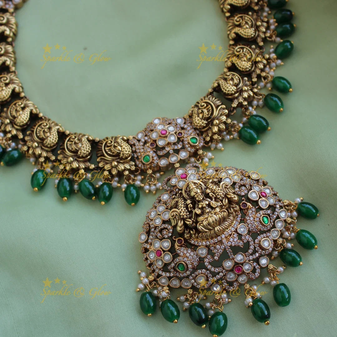 Statement Lakshmi peacock carved floral Victorian AD long necklace with green beads - Sparkle and Glow