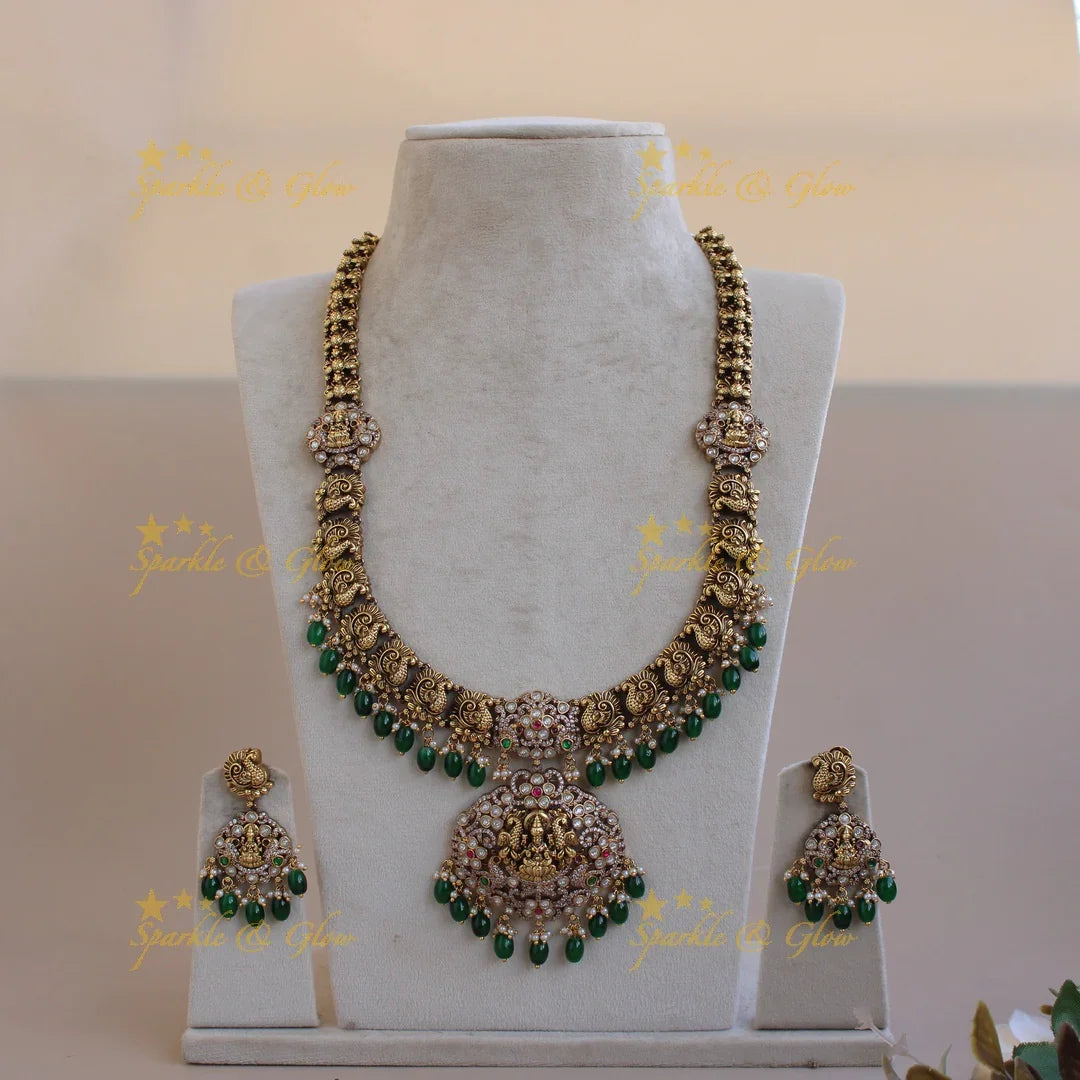 Statement Lakshmi peacock carved floral Victorian AD long necklace with green beads - Sparkle and Glow