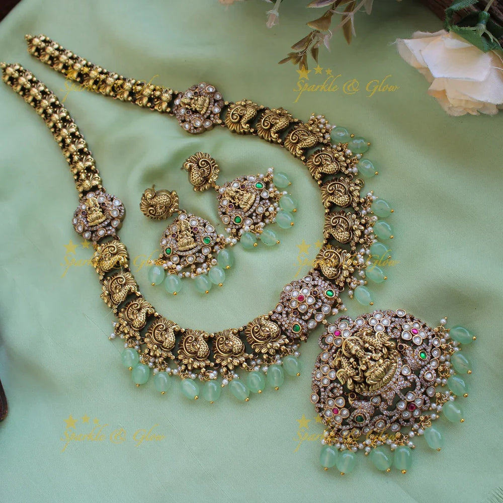 Statement Lakshmi peacock carved floral Victorian AD long necklace with green beads - Sparkle and Glow